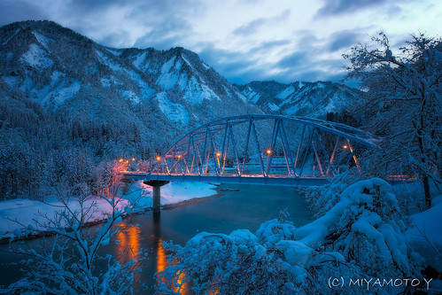bridge sky mountain snow reflection water sunrise river
