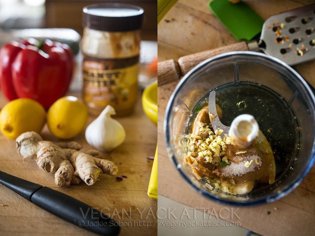 Image collage of fresh ingredients like ginger and garlic next to food processor
