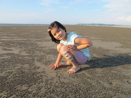 小瑀魚在滿布螃蟹擬糞的沙地上觀察著小沙蟹。