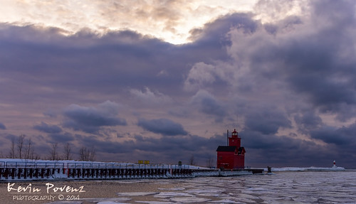 sunset lighthouse lake cold holland ice water clouds evening pier michigan january lakemichigan bigred 2014 hollandstatepark westmichigan kevinpovenz
