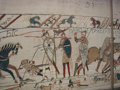 #59
Bayeux Tapestry
- Romanesque Europe/ (English or Norman)
- c. 1066-1080
 
Content:
- Anglo-Saxon (English)
- battle of Hastings
- over 70ft long
- woven linen with stitched details