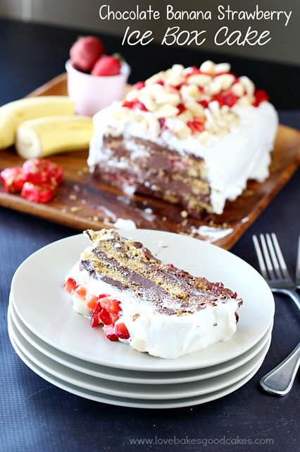 Chocolate Banana Strawberry Ice Box Cake on a stack of plates with a fork.
