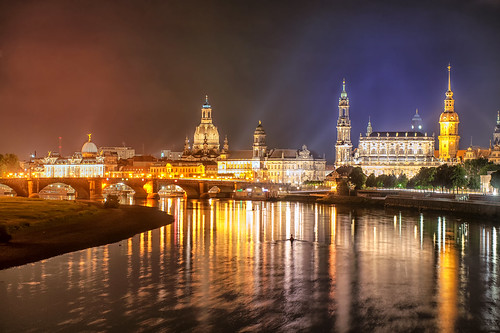 Old town of Dresden on Elbe river at night, Germany