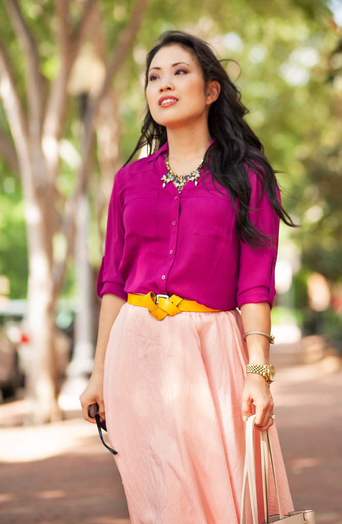 cute & little blog | petite fashion | radiant orchid shirt, pink ruffle maxi skirt, yellow double knot belt, bow sandal heels | spring outfit
