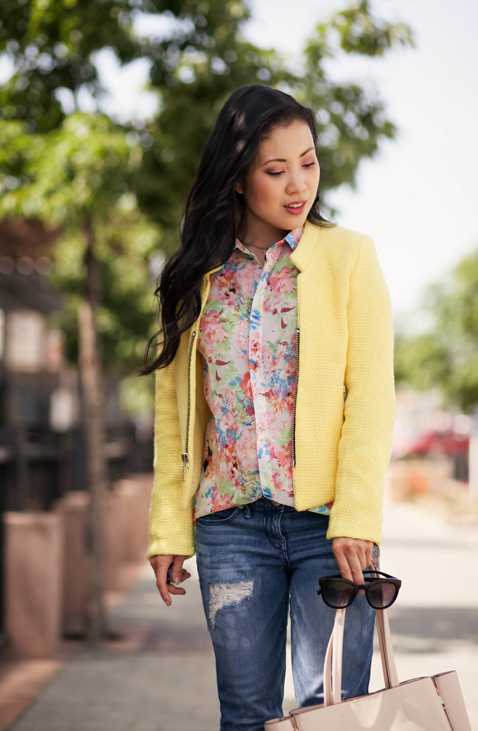 cute & little blog | petite fashion | yellow boucle jacket, floral chiffon blouse, distressed boyfriend jeans, white pumps | spring outfit