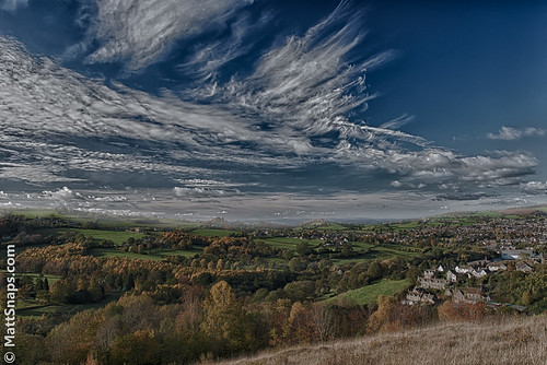 blue trees houses sky grass clouds view hills valley fields common stroud hdr