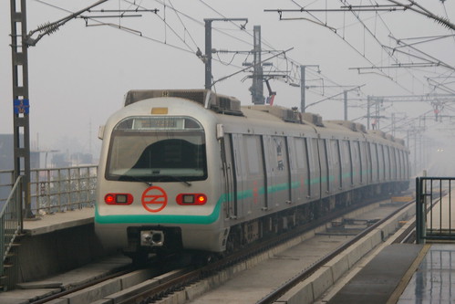Delhi Metro Green Line Train in Ashok Park Main.Sta, Delhi, India /Jan 9, 2014