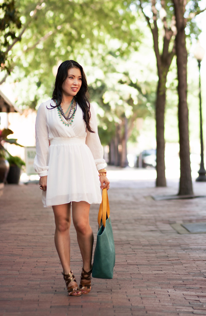 cute & little blog | petite fashion | white chiffon dress, stella & dot sutton statement necklace, hmk teal tote | summer outfit