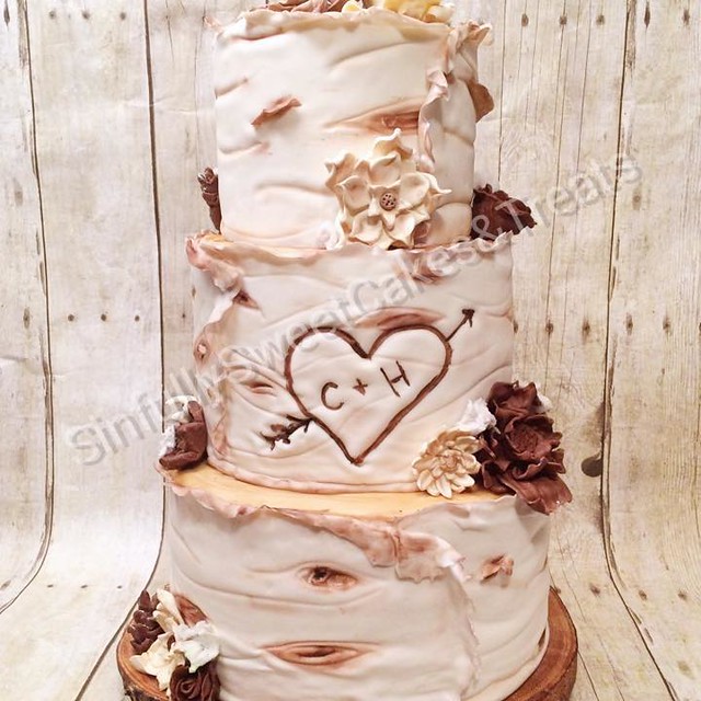 Birch tree wedding cake with chocolate flowers by SarahandAdam Green of SInfully Sweet Cakes & Treats