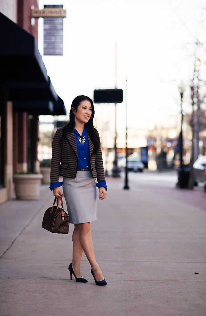 cute & little blog | striped knit blazer, cobalt blue silk shirt, j. crew gray pencil skirt, louis vuitton speedy 25, pearl cluster statement necklace outfit