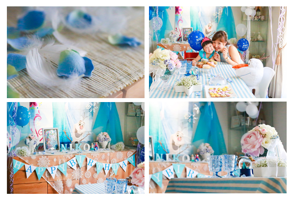パーティープランナー　事例　ホームパーティー　アナと雪の女王　3才の誕生日記念　子供写真　スイーツ写真　花写真
