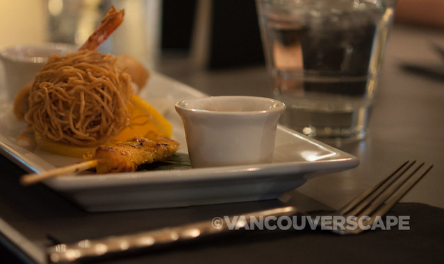 Dishcrawl Vancouver Yaletown: Urban Thai - Chicken saté, spring roll, noodle-wrapped shrimp