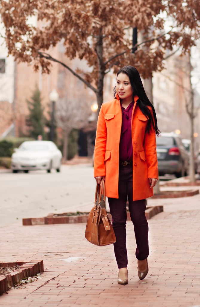 cute & little blog | bright winter outfit | orange coat, maroon top, burgundy pants