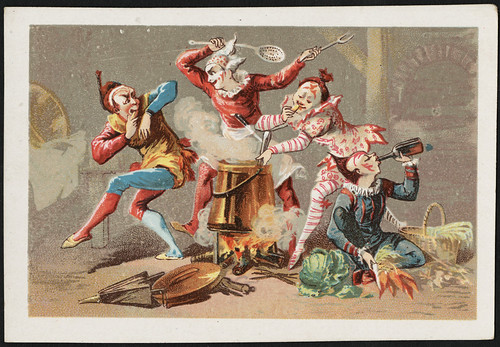 Four clowns cooking over a fire - one drinks a bottle, one stirs a pot, two are play fighting in the background. [front]