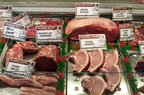 A selection of pork cuts in a butchers'