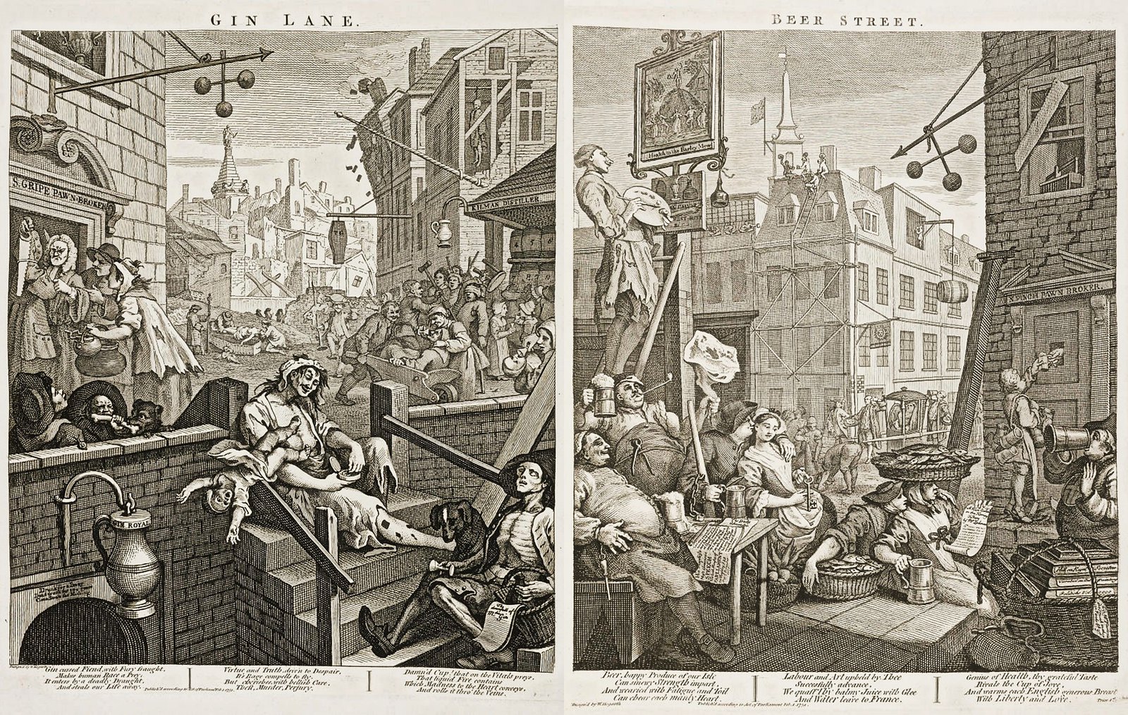 Gin Lane and Beer Street by William Hogarth, 1751