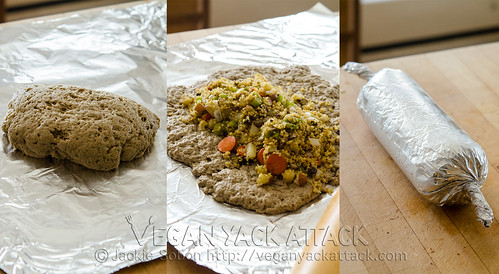 image collage of assembling stuffed seitan roast