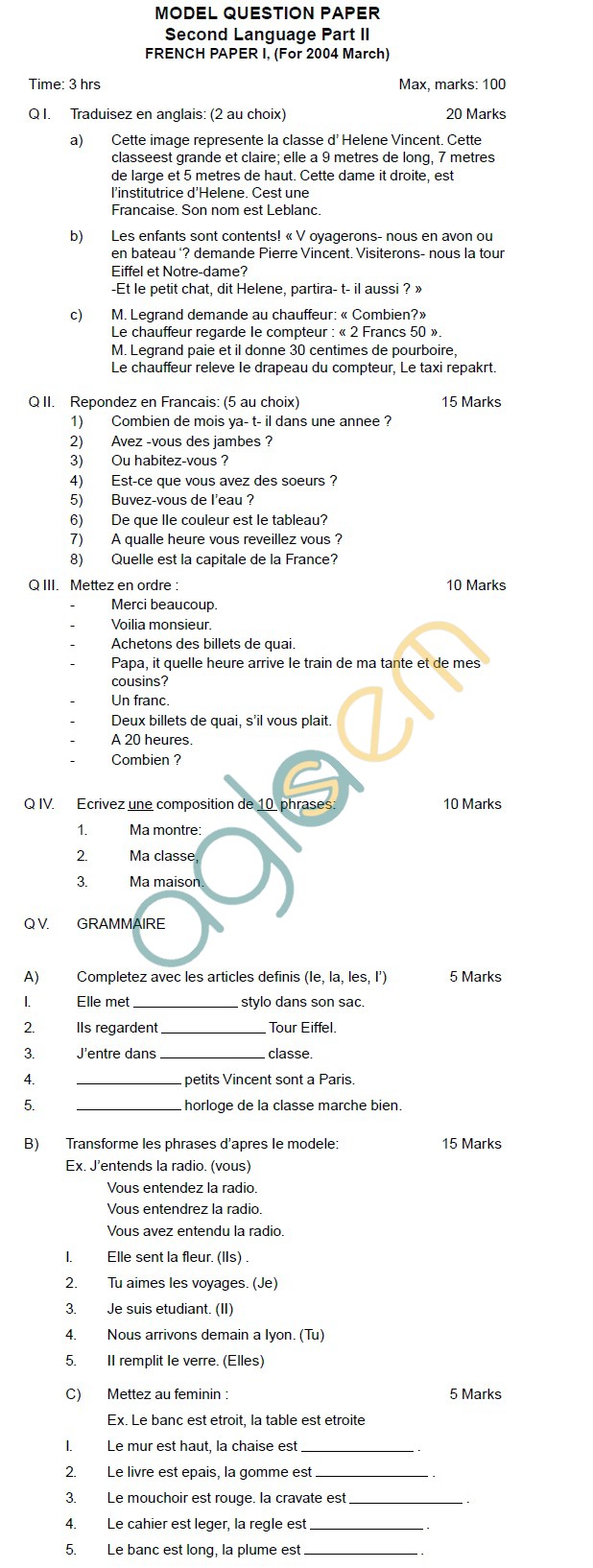 AP Board Intermediate I Year French Model Question Paper