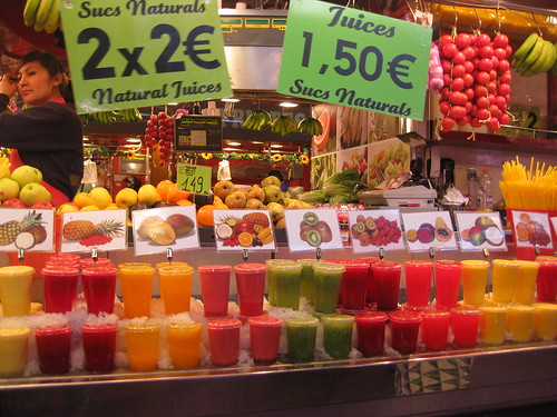 Fresh fruit juices in La Boqueria. From Foodie Finds: Exploring Barcelona, One Bite at a Time