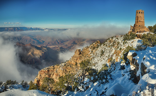 panorama snow fog clouds day grandcanyon watchtower marycolter eastrim desertviewwatchtower desertviewdrive thegrandcanyonnationalpark pwwinter perfectinversion