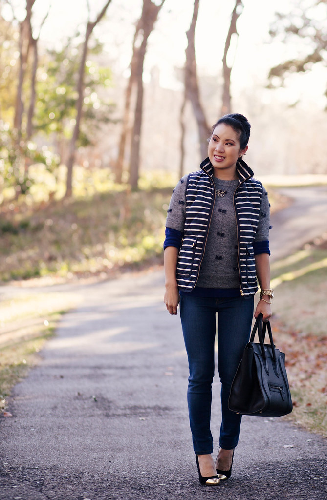 cute & little blog | bows and stripes | j. crew excursion striped vest, j. crew bow sweater, henry & belle skinny jeans, sole society tierra pumps, celine outfit