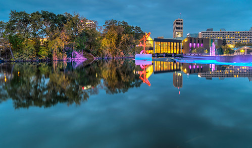 centurycenter hdr indiana nikon nikond5300 outdoor southbend stjosephriver bluehour clouds downtown evening geotagged lights longexposure reflection reflections river sculpture sky sunset tree trees water unitedstates