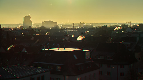 chimney smoke morning winter roof cityscape dawn sunrise 3d stereography