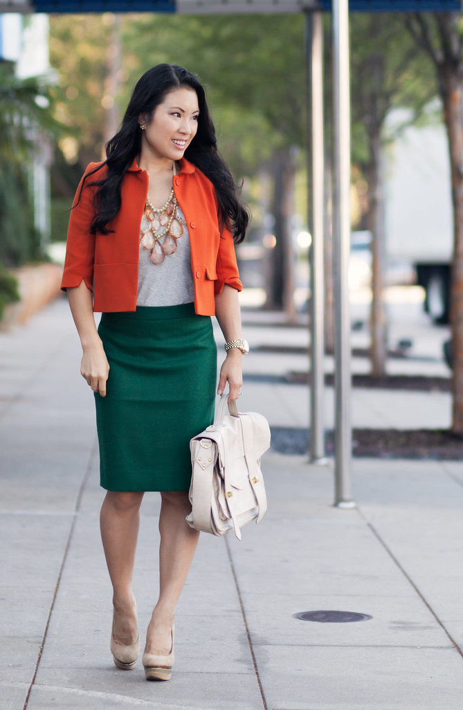 cute & little blog | orange swing blazer, gray tee, amrita singh pint statement necklace, j. crew heather pine green pencil skirt #fall #outfit #ootd