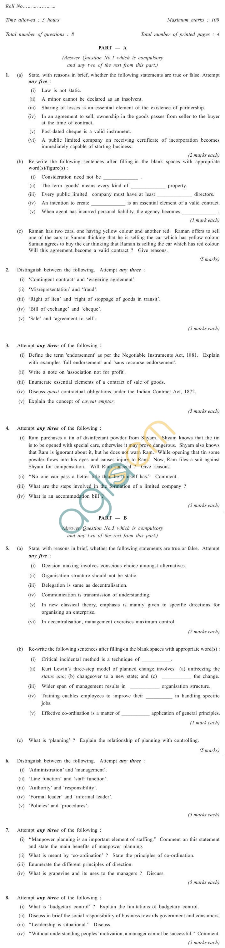 CS Foundation Question Papers Jun 2013 - Elements of Business Laws and Management