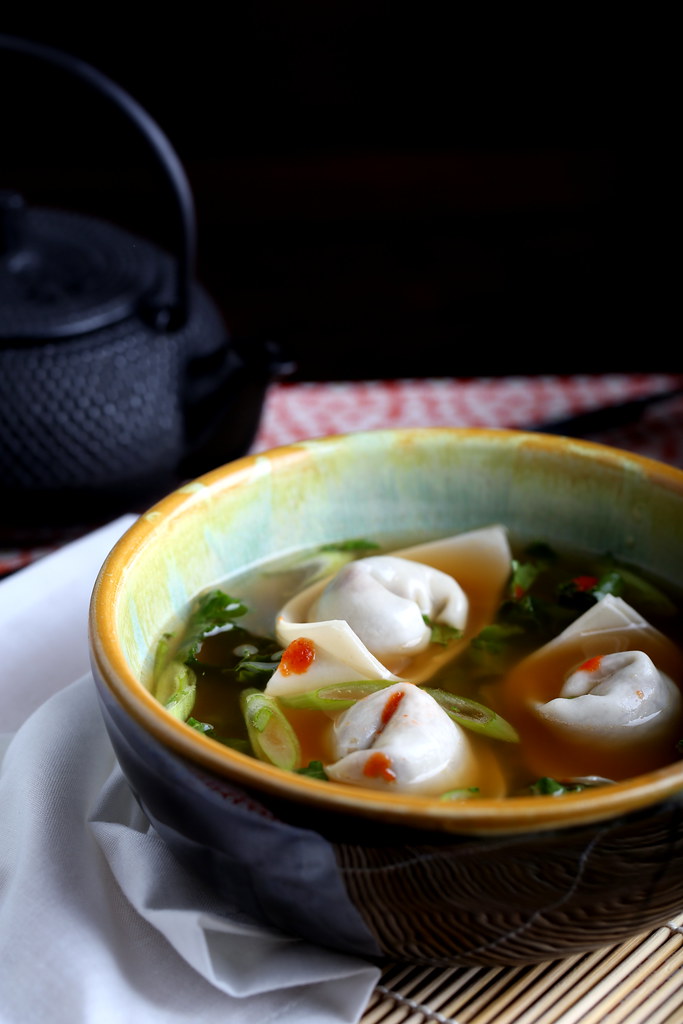 Oyster Mushroom Wonton Soup with Wilted Kale