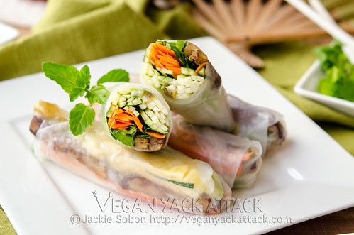 A light recipe for Grilled Eggplant Spring Rolls, filled with crunchy zucchini, fresh herbs and more! Plus, a tasty peanut butter dipping sauce.