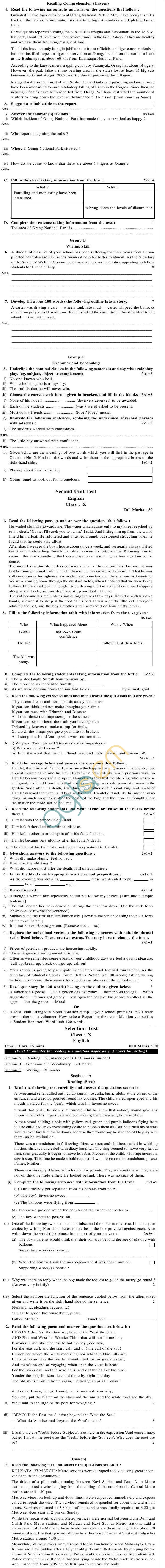 WB Board Sample Question Papers for Madhyamik Pariksha (Class 10) - English
