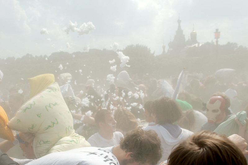 Hundreds take part in a traditional pillow fight in St. Petersburg
