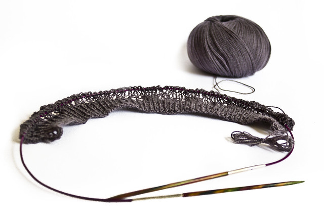 Lace knitting with charcoal grey yarn