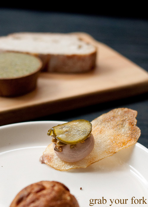 Smoked duck liver parfait with pickled cucumber and crisp potato at The Town Mouse, Carlton, Melbourne 