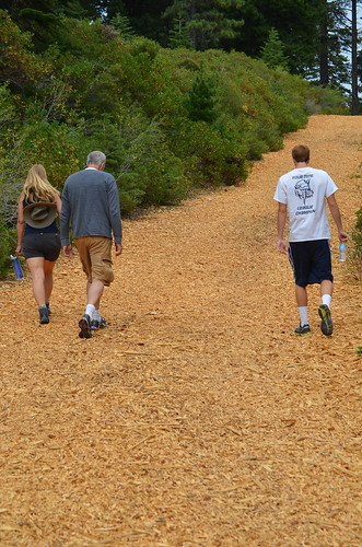 A group of people walking on a trail.