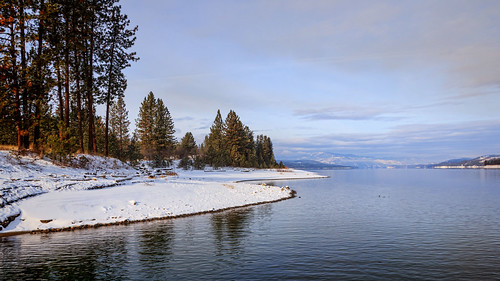 blue trees winter white lake snow cold water clouds river washington day unitedstates chill lakeroosevelt inchelium