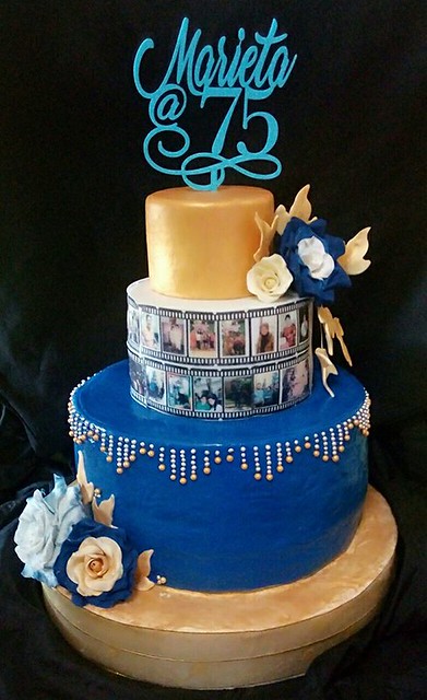 Photos & Memories theme cake with gold, midnight blue color motif also a 3 tone sugar rose flower by Evangeline Laguinday Orfano‎