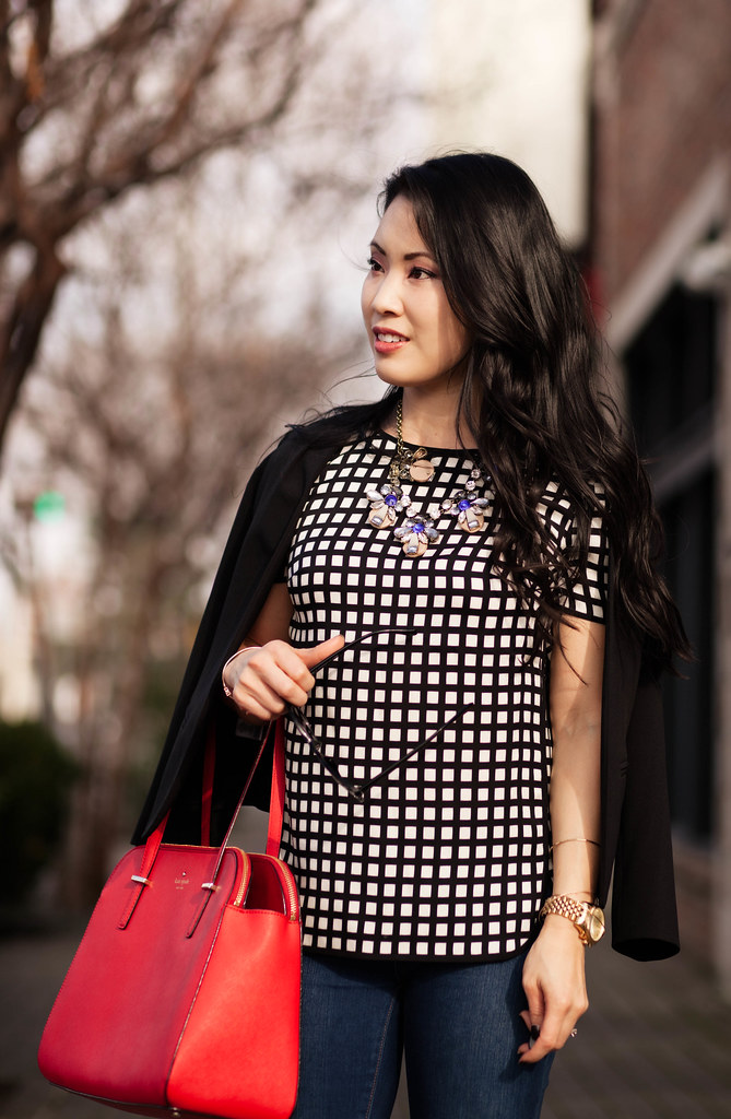 cute & little blog | pop of red | black blazer, windowpane silk top, kate spade cedar street elissa red purse outfit