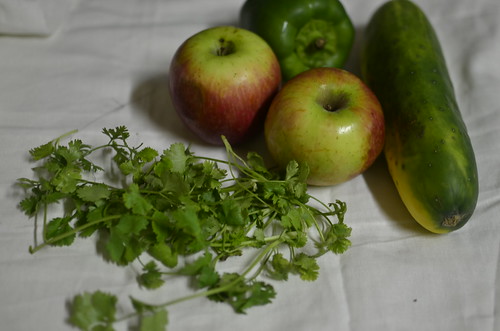 Ingredients for apple-cuke-greenpepper-cilantro salald