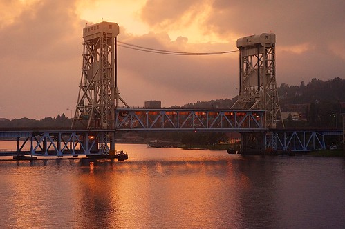 bridge sunset river liftbridge keweenawpeninsula nikkor35mmf14 sonynex5n leicahektor28mmf63 vacation2013fall