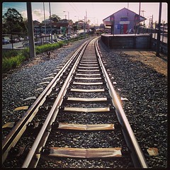 Shiny rails on a wet morning