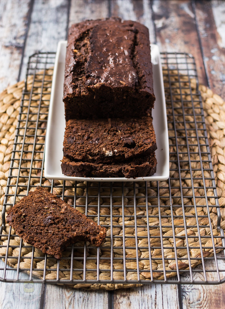 Chocolate Coconut Zucchini Bread Sliced on Cooling Rack