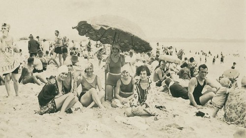 1920s beach swimming umbrella surf queensland togs bathers statelibraryofqueensland slq