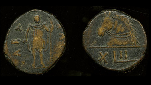 Copper 42 nummi coin showing a Vandal warrior