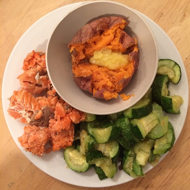 Day 15, #Whole30 - dinner (leftover salmon, roast zucchini, sweet potato with clarified butter)