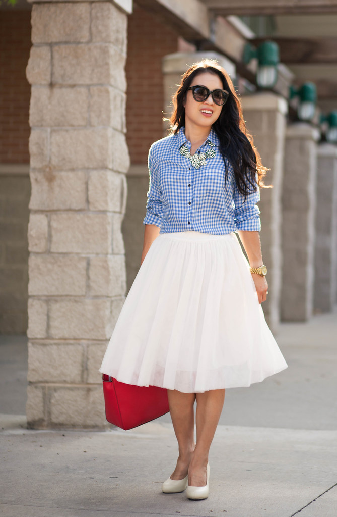 cute & little blog | petite fashion | gingham shirt, white tulle skirt, statement necklace, red tote