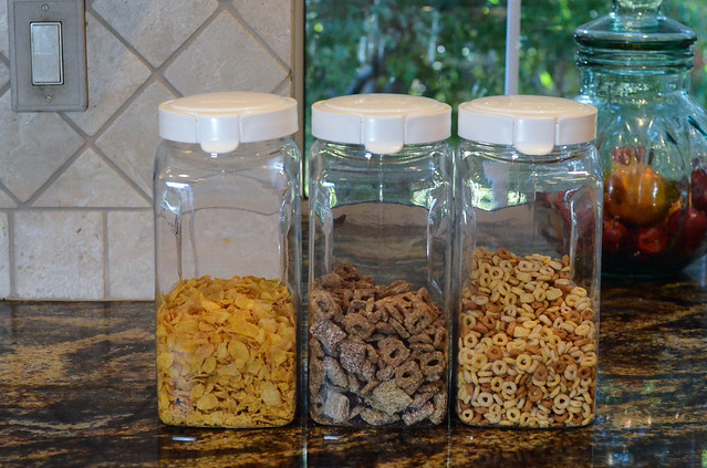 Cereal in plastic containers.
