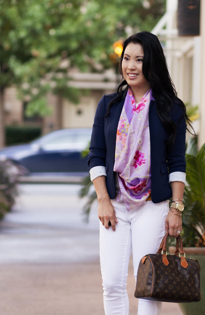 cute & little blog | loft navy notched collar jacket, purple silk scarf, white skinny jeans, lv speedy 25 outfit #ootd, petite fashion
