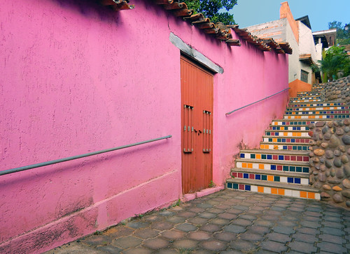 Bright walls with a tiled stairsway in Talpa, one of Mexico's Pueblos Magicos in the Pacific high sierras